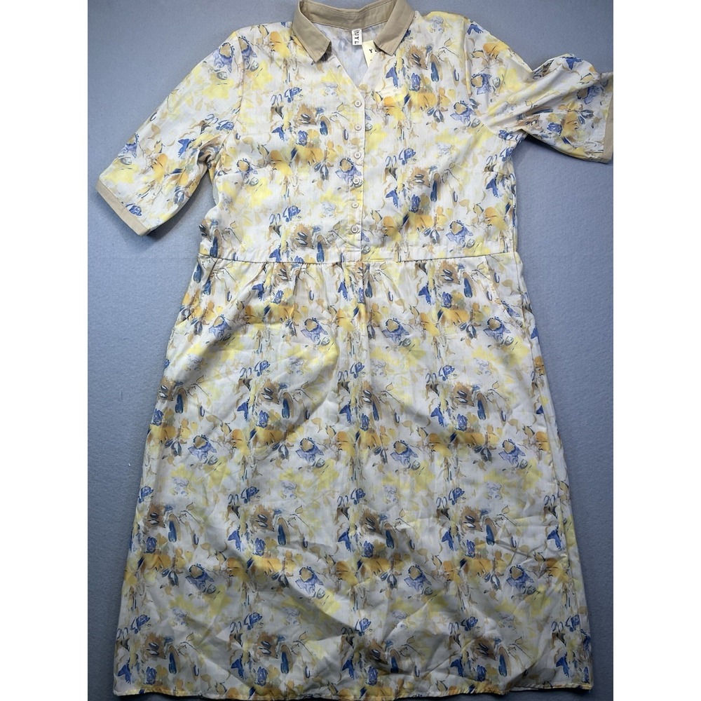 Women's 2XL Reto Style Dress Cinch Waist Short Sleeves Collared Floral Yellow